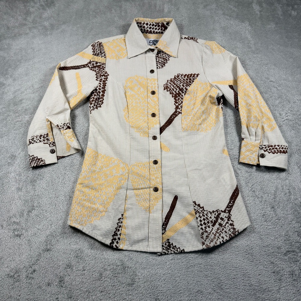 Nake'u Awai Designs Button Up Shirt Womens 2 Tan Striped Aloha Leaf Print Hawaii